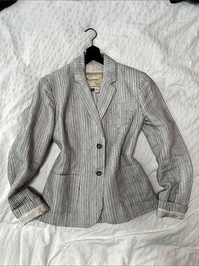 Cartonnier by Anthropologie Linen Striped Blazer in White & Blue Size 0